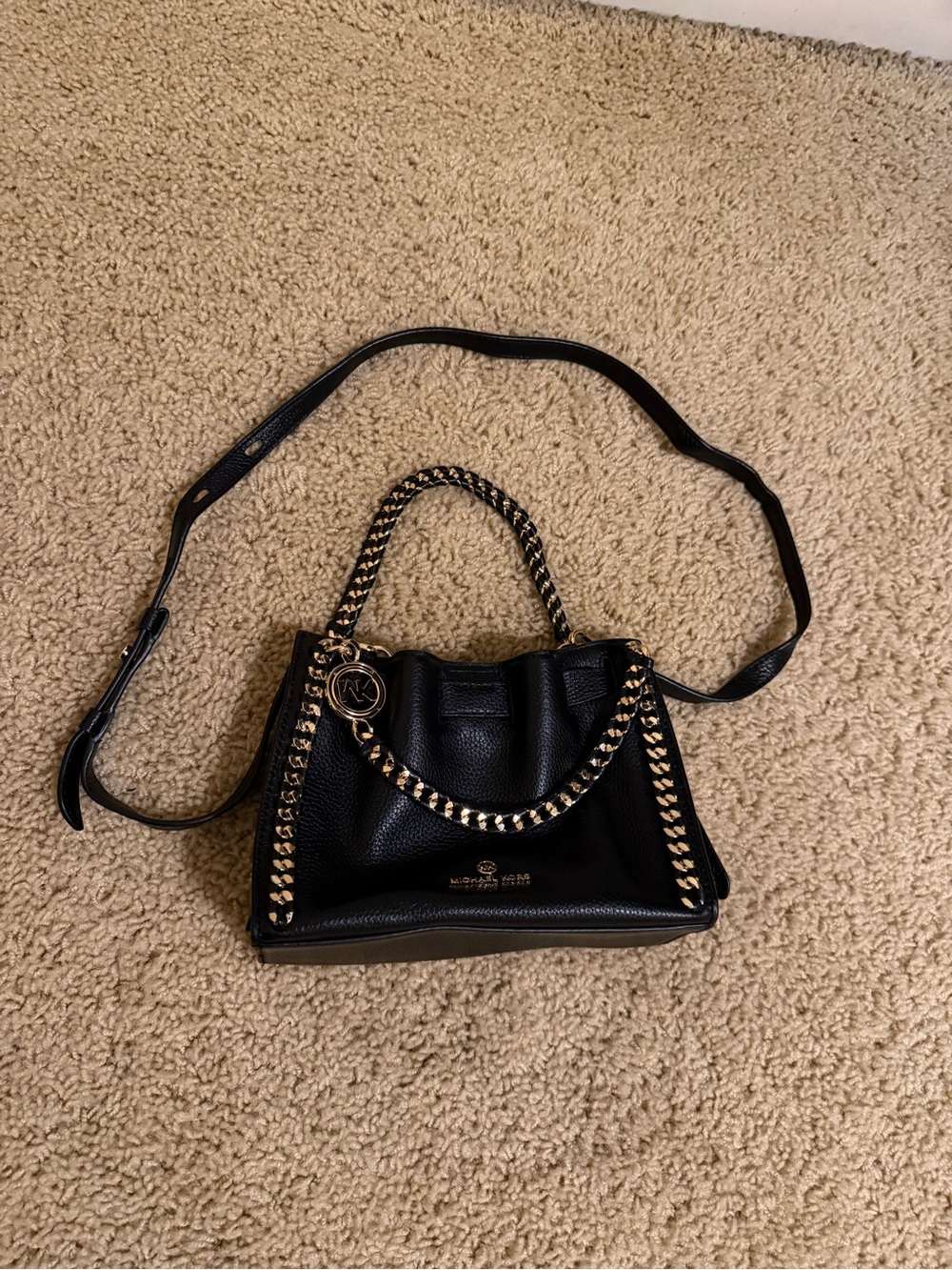 Michael Kors Black Leather Crossbody Bag with Gold Chain Trim